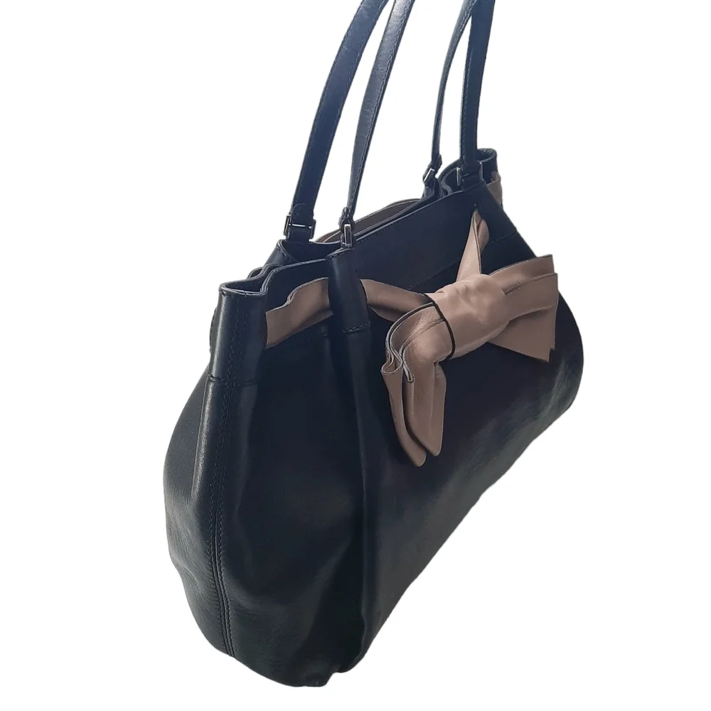 VALENTINO GARAVANI Black Leather Aphrodite Bow Tote w/Belted Tan Leather Bow